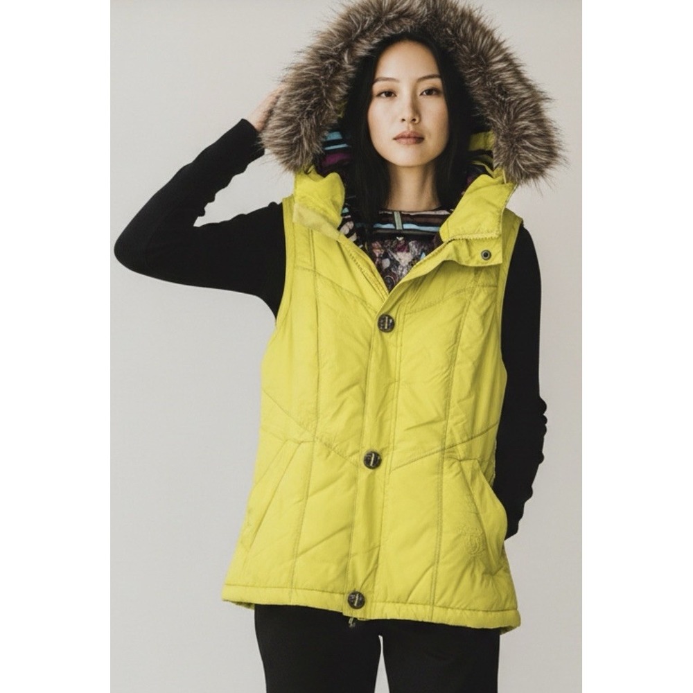 Burton Dryride Sly Puffer Vest S Neon Lime Yellow Faux Fur Hood Gorpcore